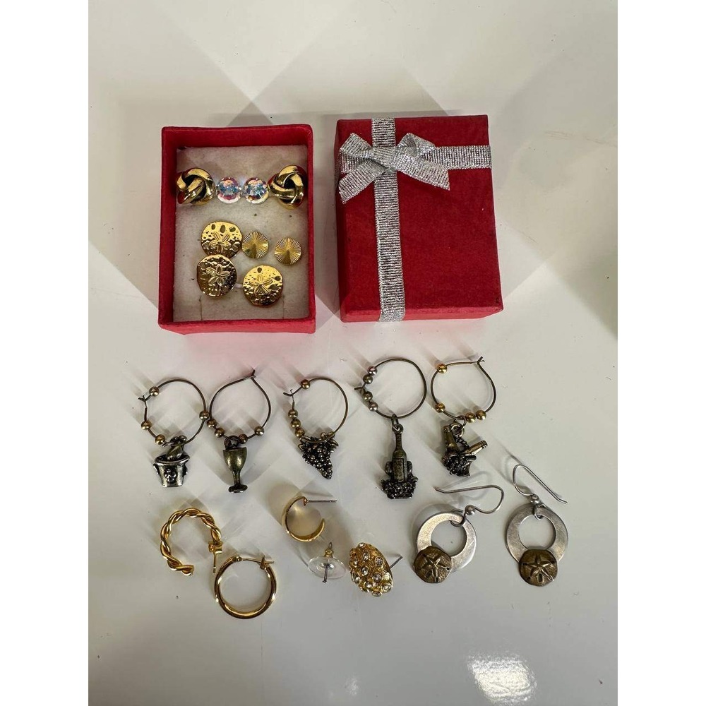 Vintage Mixed Earring Lot Gold Tone Sand Dollar Wine Charms Hoops 056 (15)